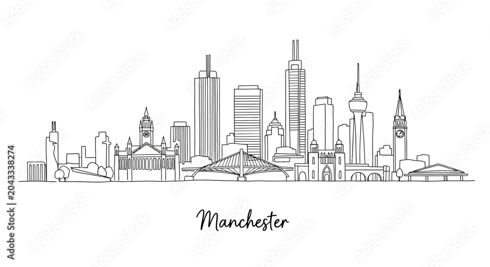 Fototapeta premium Minimalist Line Drawing of Manchester City Skyline Showcasing Iconic Buildings and Urban Landscape