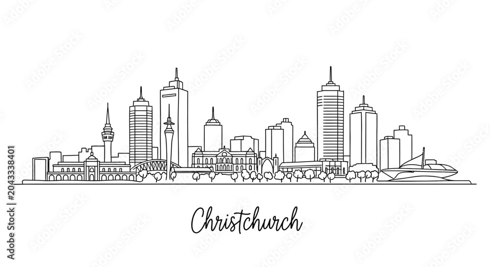 Fototapeta premium Minimalist Line Drawing of Auckland City Skyline Featuring Iconic Buildings and Urban Landscape for Modern Cityscape Art