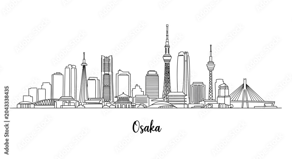 Obraz premium Minimalist Line Art of Osaka Skyline Featuring Skyscrapers and Iconic Structures in Monochrome