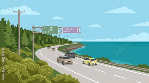 Bild auf Leinwand Scenic coastal highway with cars, ocean, and destination road signs, illustratio