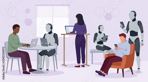 People and robots collaborating in a modern technology-driven office
