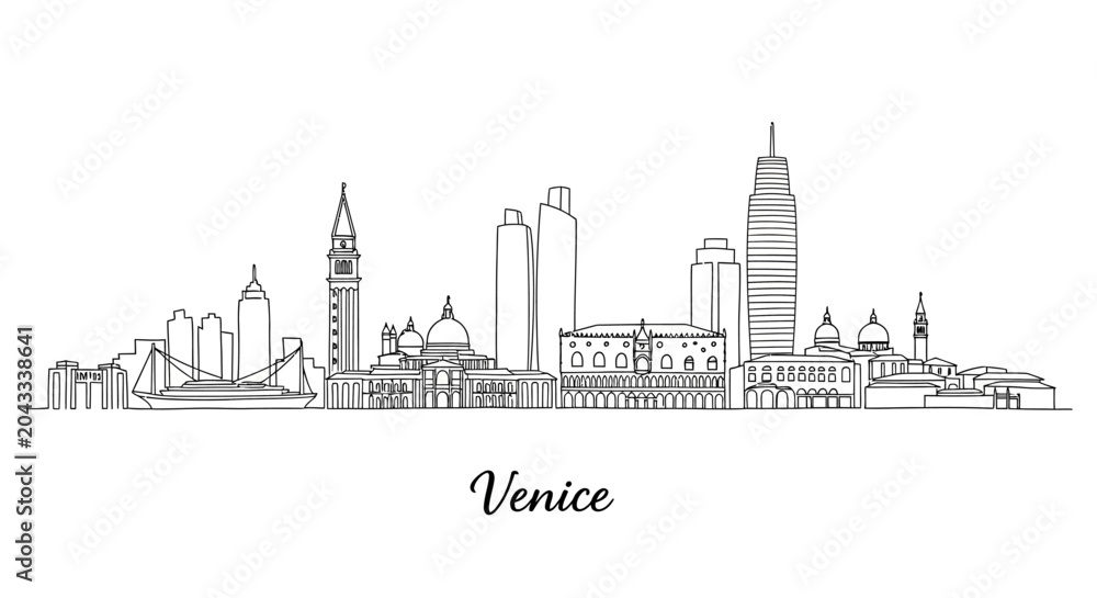 Naklejka premium Minimalist Black and White Line Drawing of Venice Skyline Featuring Iconic Structures