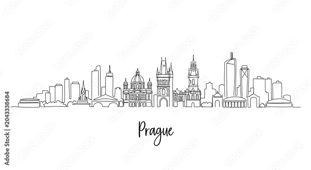 Fototapeta premium Minimalist Black and White Line Drawing Illustration of Prague?s Skyline Featuring Historic and Modern Architecture