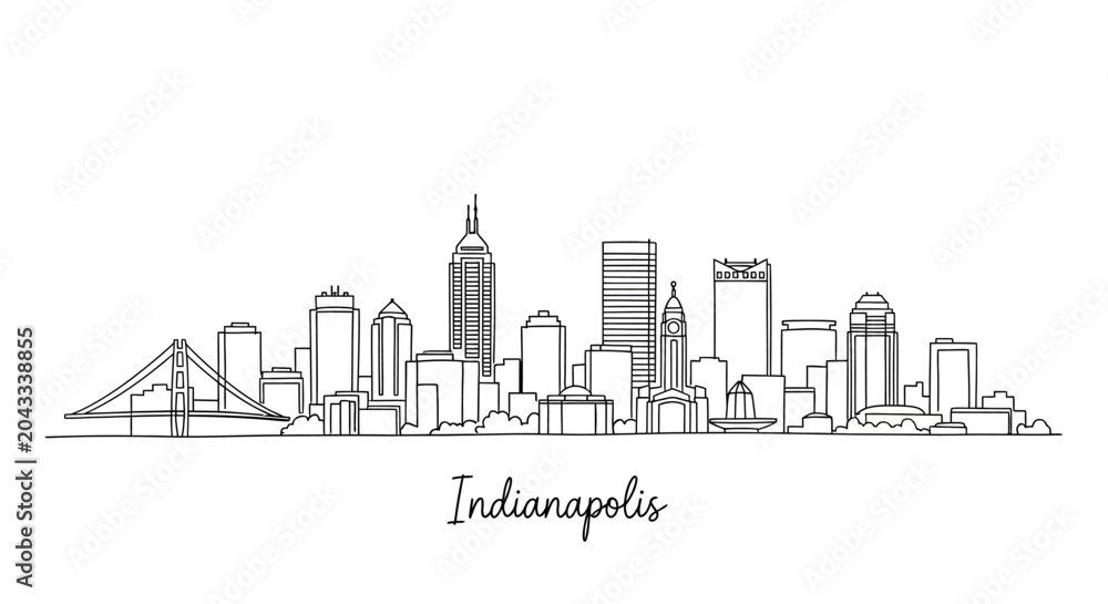 Fototapeta premium Minimalist Line Art Illustration of the Indianapolis Skyline Featuring Iconic Structures and Cityscape Elements