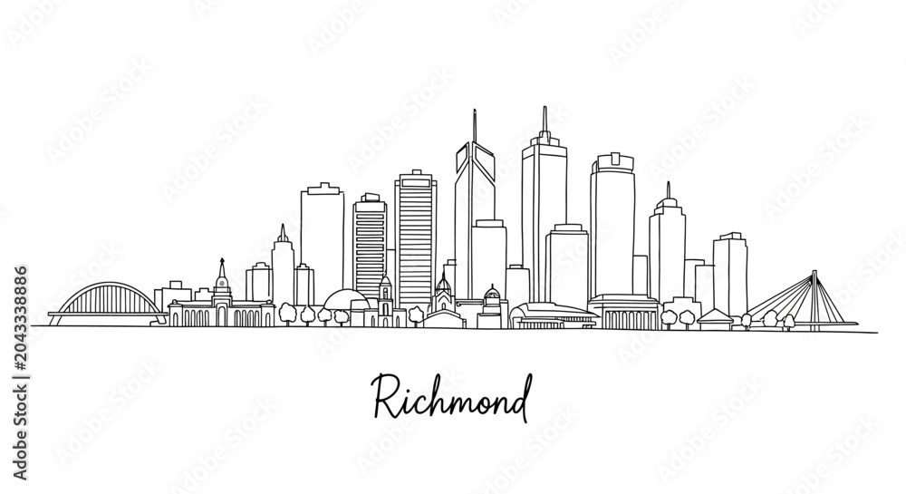 Obraz premium Minimalist Continuous Line Drawing of Richmond Skyline Featuring Skyscrapers and Bridges in a Modern Artistic Style