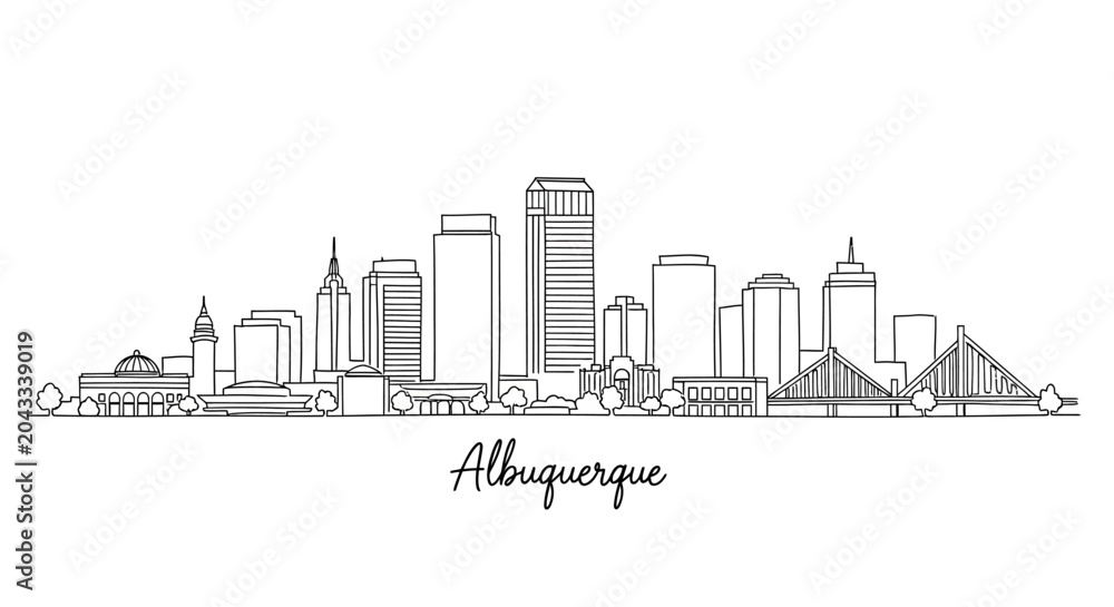 Obraz premium Minimalist continuous line drawing showcasing the impressive skyline of Albuquerque New Mexico highlighting diverse