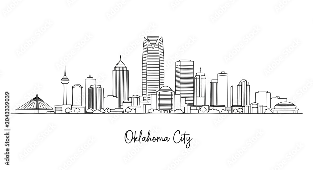 Obraz premium Minimalist Line Drawing Illustration of Oklahoma City Skyline Featuring Iconic Tall Buildings and Cityscape Elements