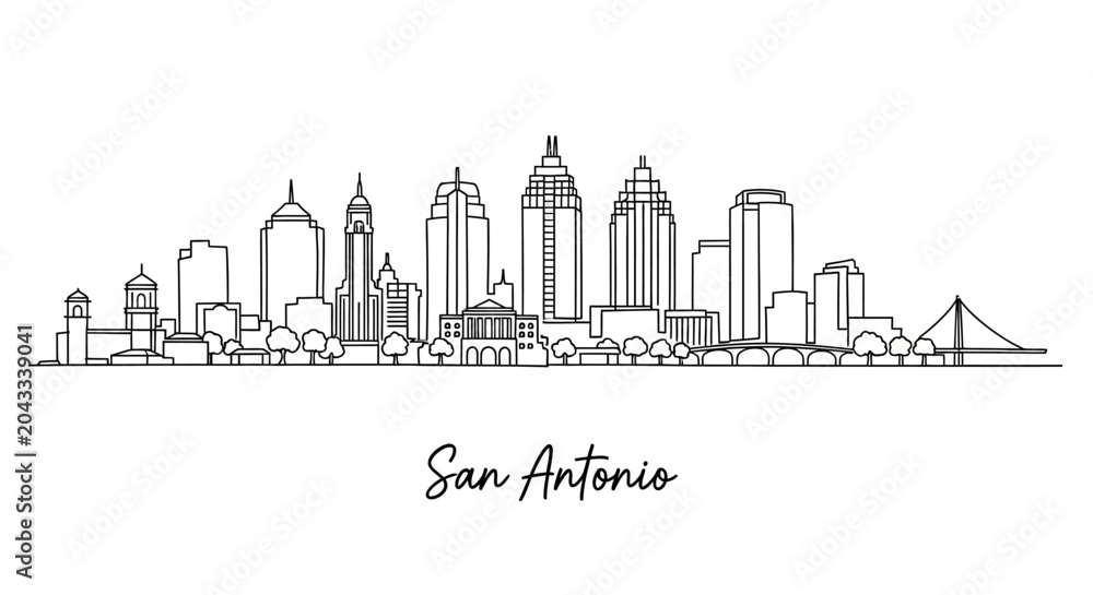 Obraz premium Minimalist black and white line art of San Antonio skyline featuring diverse architecture and cityscape elements