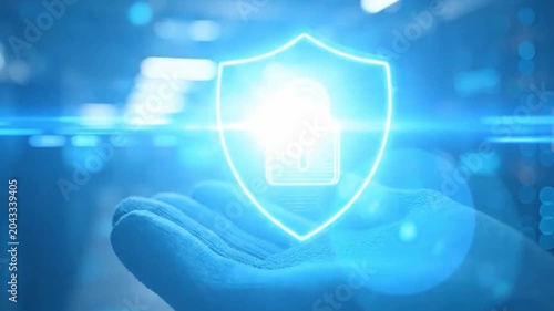 Hand holding a glowing holographic shield with a padlock icon, representing data security and digital protection in a server room.