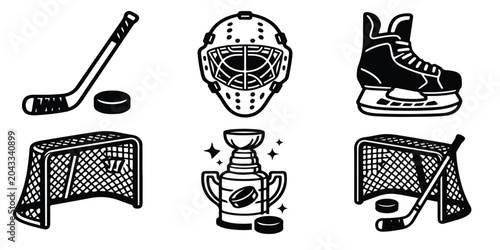 Black and white graphic illustrations of various ice hockey icons, including a goalie mask, skates, trophy, nets, and equipment, perfect for sports designs and presentations with a bold and