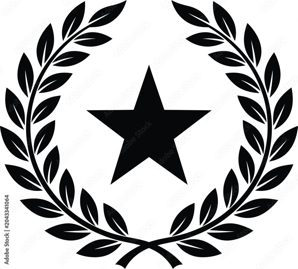 Obraz premium Five point star inside laurel wreath emblem isolated on gray background.