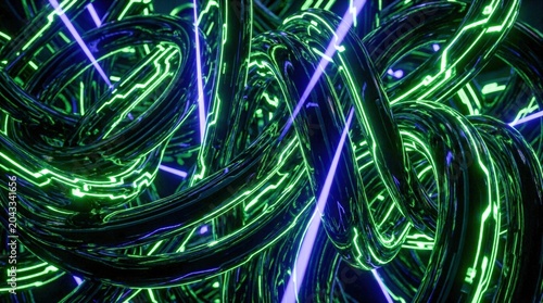 Abstract glowing green and blue futuristic network of cables.