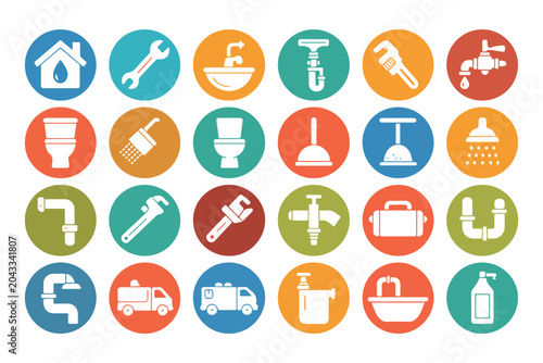 Colorful flat design icons representing various plumbing services and bathroom fixtures with long shadows