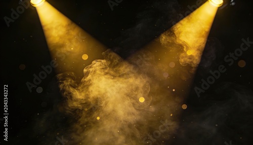 Dramatic twin yellow spotlights illuminate a smoky, dark stage with sparkling particles, creating a captivating and dynamic scene perfect for emphasize, focus, or grand presentation graphics