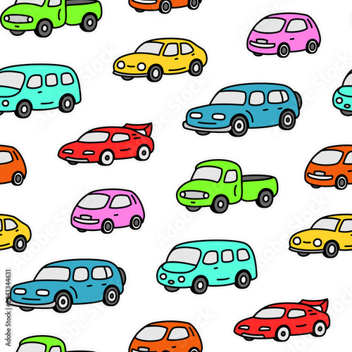 Colorful cartoon cars seamless pattern. The automobile texture for textile or digital design.