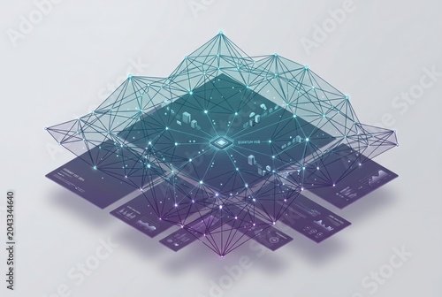 Abstract Digital Network Structure with Geometric Shapes and Light Connections