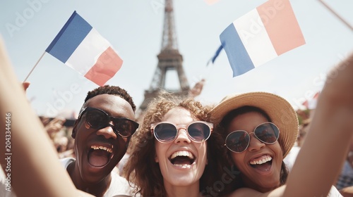 Joyful friends celebrating together in Paris with French flags