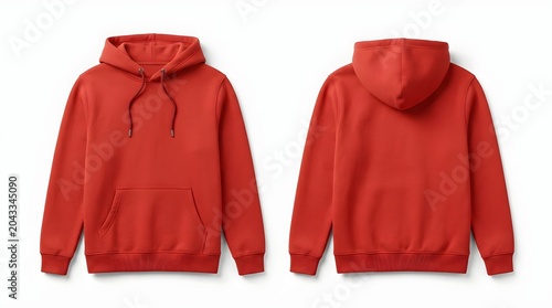 Front and back view of a red hoodie with strings isolated on white background