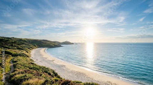 Sunset over serene beach with calm waves and green hills