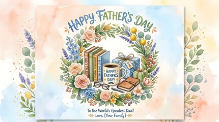 Happy Father's Day card with floral wreath and gifts