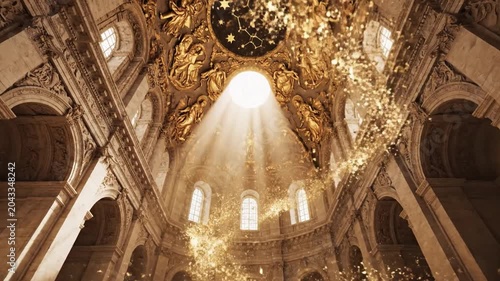 Golden Light Stream in Ornate Cathedral Interior