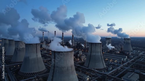 Industrial Power Plant Cooling Towers Emitting Steam At Dusk