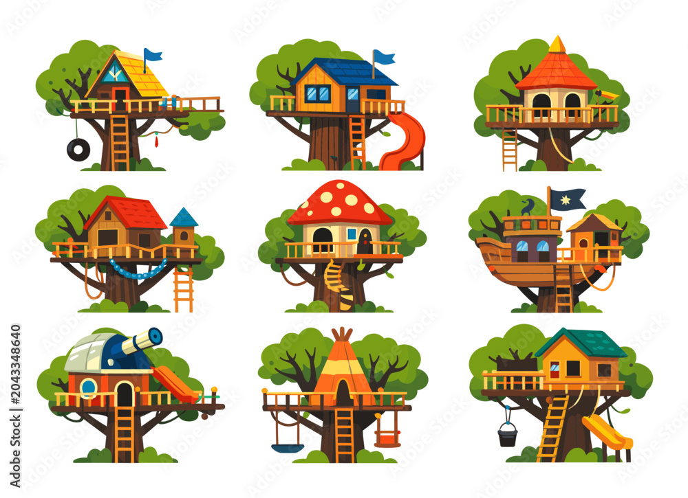 Fototapeta premium Cartoon treehouses set showcasing different architectural styles and outdoor elements for kids' fun, adventure, and creative play concepts