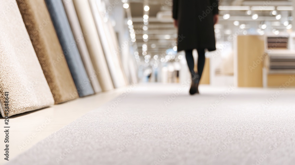 Fototapeta premium Carpet store interior with person walking down aisle