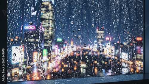 Rainy City Nightscape Through Wet Window