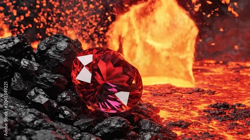 Red Gemstone Amidst Molten Lava and Dark Rocks