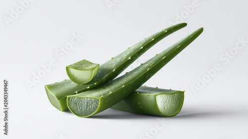 Fresh aloe vera leaves highlighted against minimalist white background