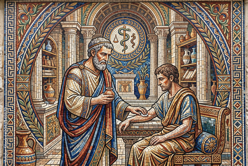 Ancient Physician Examining Patient in Classical Medical Setting