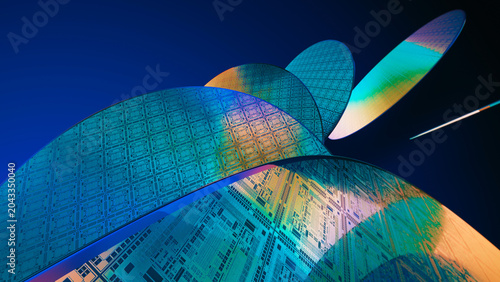 Картината върху платно Multiple iridescent semiconductor wafers bending and overlapping in a close up 3