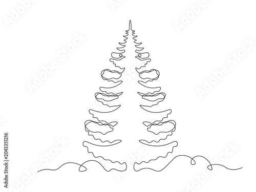 Abstract fir tree with snow on branches in snowdrifts, continuous single one line art hand drawing sketch, logo on white background