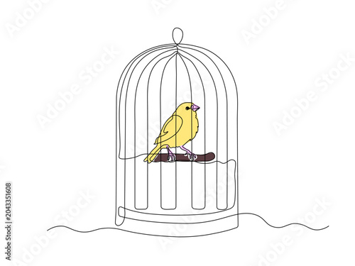 Bird, canary in cage, birdcage, continuous single one line art hand drawing sketch, logo on white background