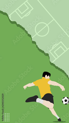 Soccer Player Kicking Ball Vertical Illustration. Soccer Template design, Football banner, Sport layout design, Vector green Theme