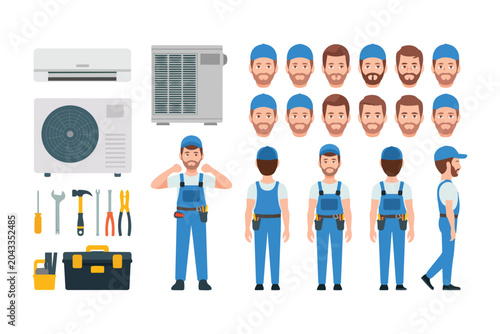An HVAC technician character with various expressions and tools alongside air conditioning units