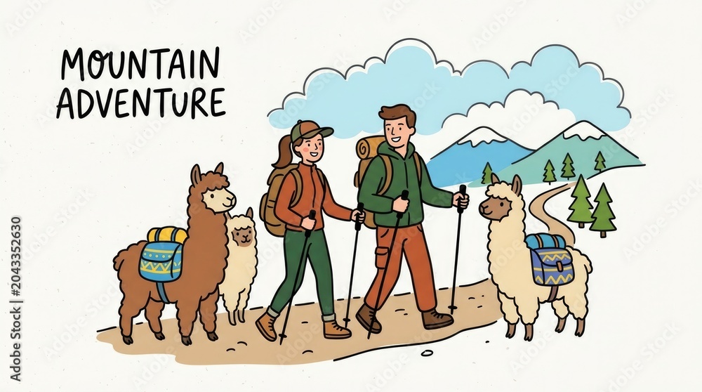 Fototapeta premium Young couple enjoys mountain adventure with llamas on scenic hiking trail - ideal for travel guides, adventure blogs, and outdoor enthusiast posters