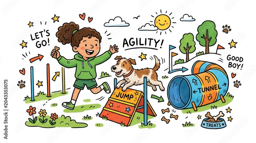 Obraz premium Child and dog practicing agility course outdoors, featuring jump and tunnel obstacles, sunny day, playful illustration for educational materials and animal training guides