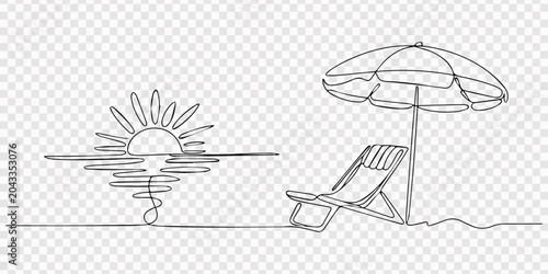 Фотография Minimalist continuous line drawing of a serene beach sunset with a chair and umbrella, A continuous line drawing depicts a serene beach scene with a lounge chair umbrella sun and waves high quality