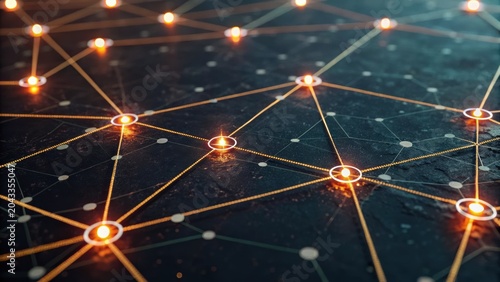 Glowing nodes connected by lines form a network on a dark surface, symbolizing digital connections and data flow in a tech environment.