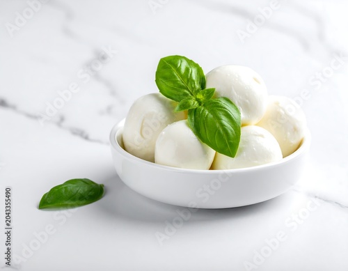 A bowl of fresh mozzarella balls garnished with basil on a marble surface
