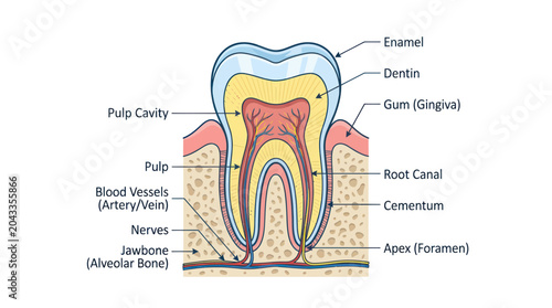 Bild auf Leinwand Human Tooth Anatomy Diagram: Enamel, Dentin, Pulp, Root Canal, Jawbone