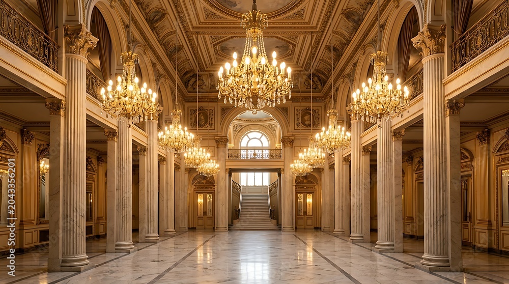 Obraz premium Grand luxury ballroom interior with marble columns and crystal chandeliers