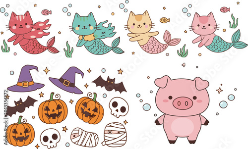 Fotografie Cute Kawaii Mermaid Cats Halloween Elements and Pig Character Collection Fantasy