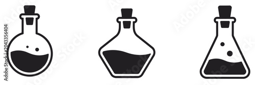 Set of three laboratory glass flask icons with cork stoppers, representing chemical experiments, science, medicine, and research laboratory glassware equipment.