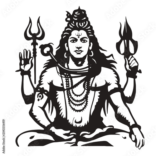 The Hindu god Shiva with six arms. Vector outline illustration, portrait of a man, culture and religion
