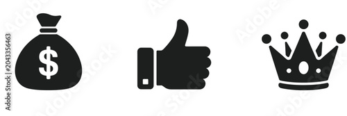 Set of icons featuring a money bag, a thumbs up, and a crown, representing wealth, approval, and leadership or success.