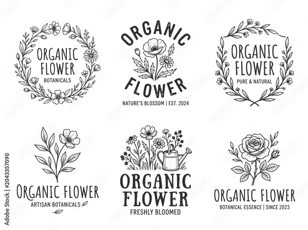 Obraz premium Set of organic flower logo templates with hand drawn botanical illustrations