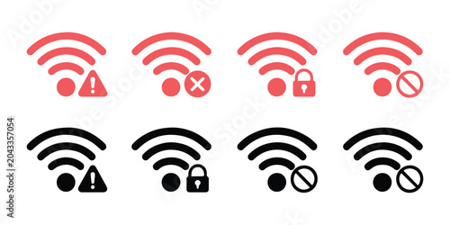 Fotografie Set of warning and restricted wifi signal icons in black and red colors for secure network connectivity